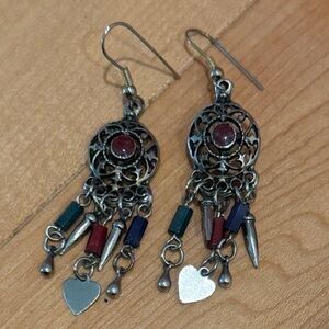 Bohemian Dreamcatcher Earrings with Heart Charms